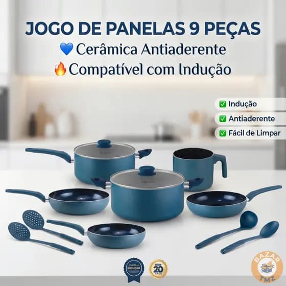 Conjunto de Panelas com Revestimento Cerâmico Antiadere 9 Peças Azul Indução Gás Elétrico