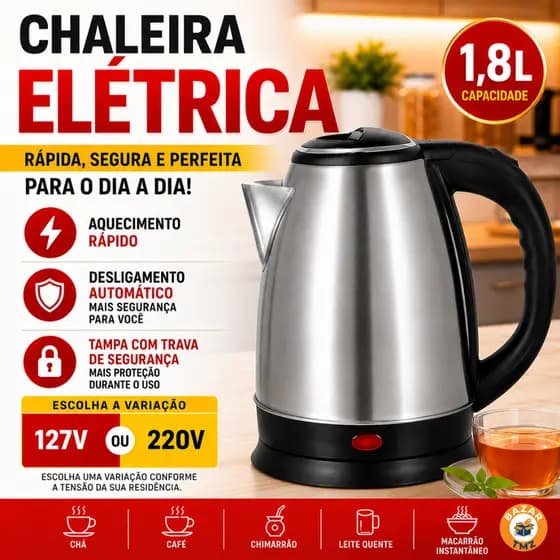 Chaleira Elétrica 1,8L Inox 110V OU 220V Jarra Ferve Rápido Base 360° Desligamento Automático