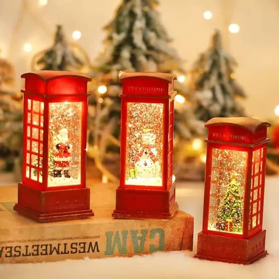 Vermelho Retro luminoso natal cabine telefônica lanterna boneco de neve árvore Santa estátua na cabine do telefone