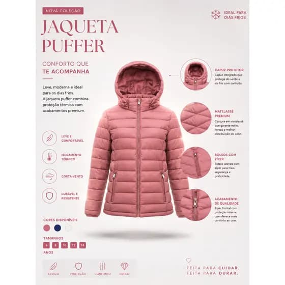 Jaqueta Infantil Puffer Com Capuz Inverno Escolar Peluciado Por Dentro