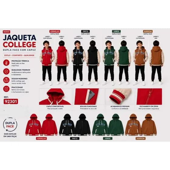 Jaqueta Infantil Masculina Dupla Face Reversível com Capuz College Premium Inverno Menino Ref: 92301