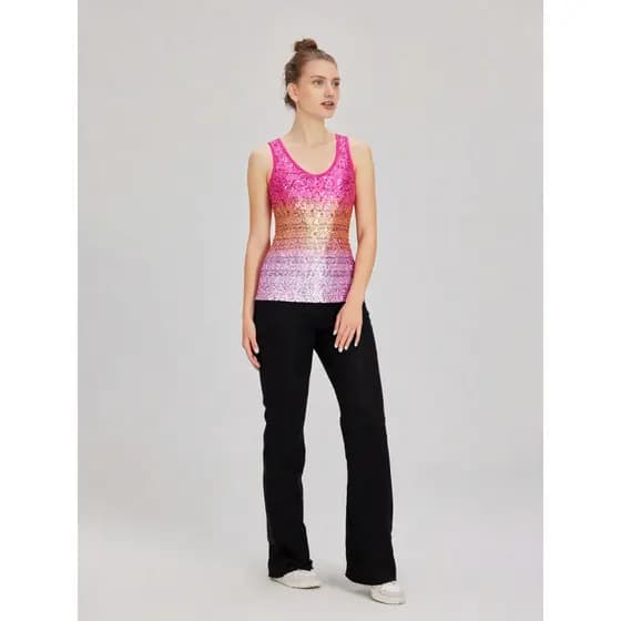 Blusa Regata Feminina com Paetês Degradê Brilhante Festa Carnaval Verão – Algodão e Poliéster