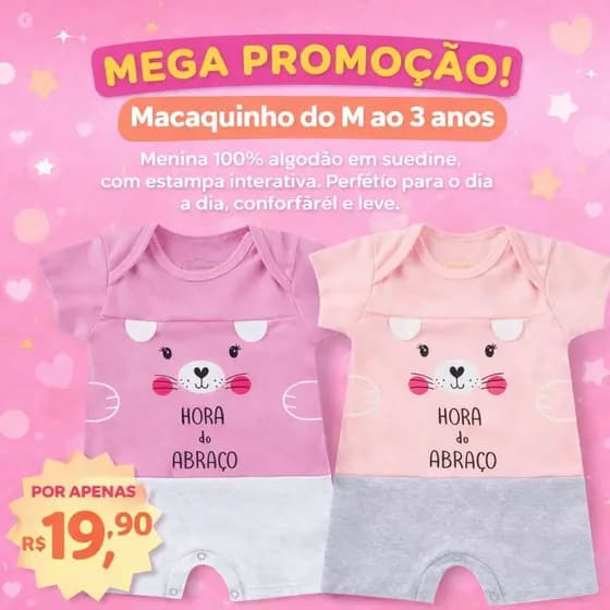 Macacão Curto Menina do M ao 3 anos em Suedine 100% Algodão Super Confortável