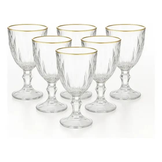 Jogo 6 Taças Vidro Diamante 330ml Com Borda Dourada Conjunto Elegante Para Vinho, Água E Drinks
