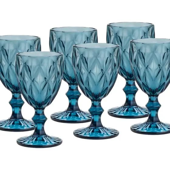 Taças de Vidro Azul 340ml Praticasa Diamonds para Vinho e Bebidas - 6 Peças