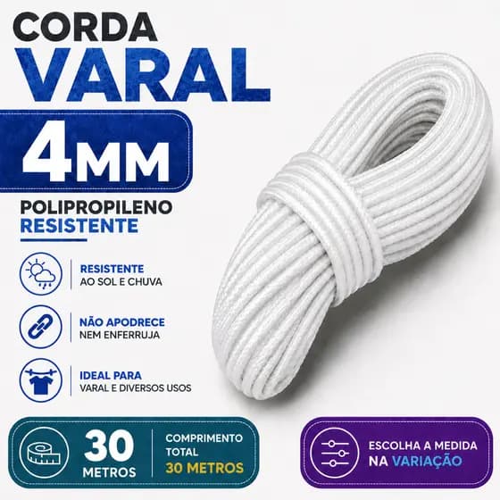Corda 4mm Branca para Varal Camping Artesanato e Pequenos Reparos 30 Metros