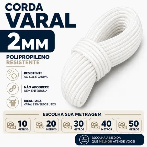 Varal Corda 10/ 20 / 30/ 40/ 50 metros - Varal de Teto Quintal Apartamento 2mm