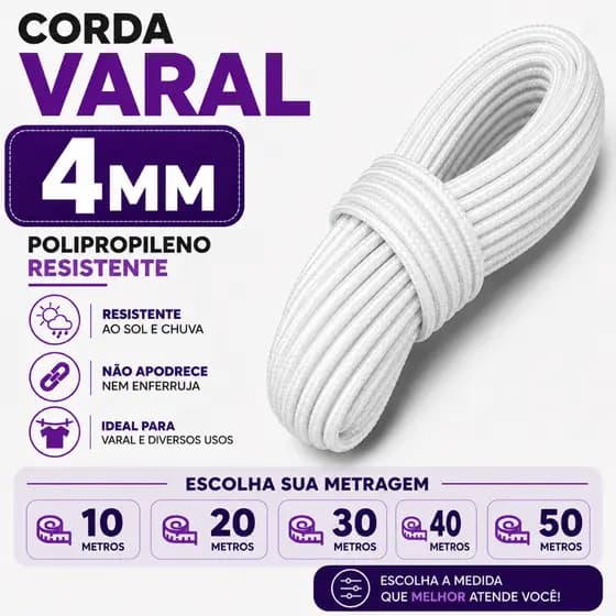 Corda Varal Polipropileno 4mm Resistente Branca Multiuso Escolha 10 / 20 / 30 / 40 ou 50 Metros