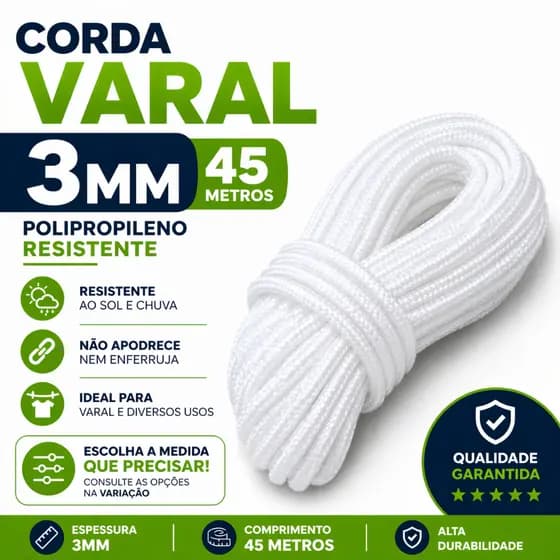 Corda PP 3mm 45m Trançada Alta Resistência Para Varal Apartamento Uso Geral RGsegurity