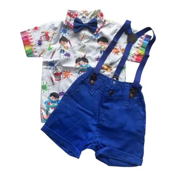 Conjunto infantil Suspensório Menino personagem festa temático social Pintando Sete formatura