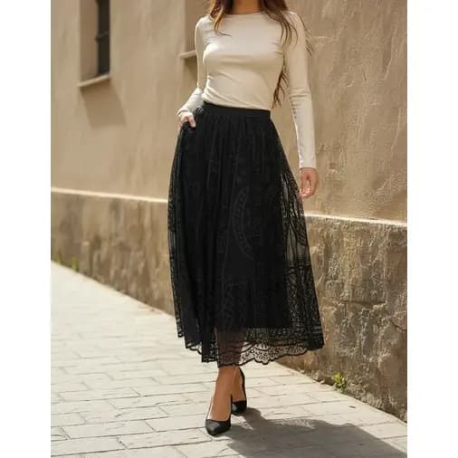 Saia Midi De Renda Feminina Rodada Com Cós Elástico Forrada Confortável Elegante Festa Veste P Ao GG