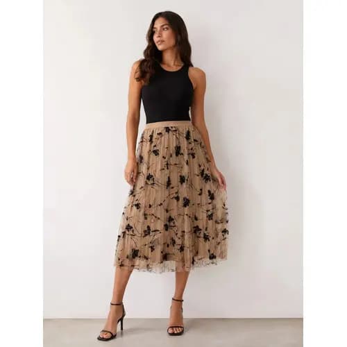 Saia Midi Feminina Tule Plissada Bordado Floral Cós Elástico Elegante