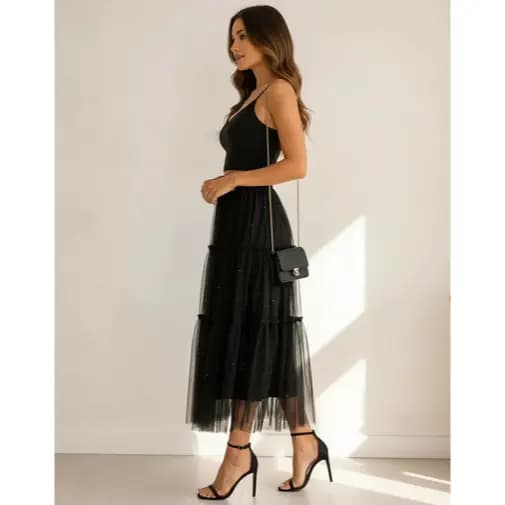 Saia Midi de Tule Feminina com Pérolas Forrada Cós Elástico Delicada Elegante Festa Casual