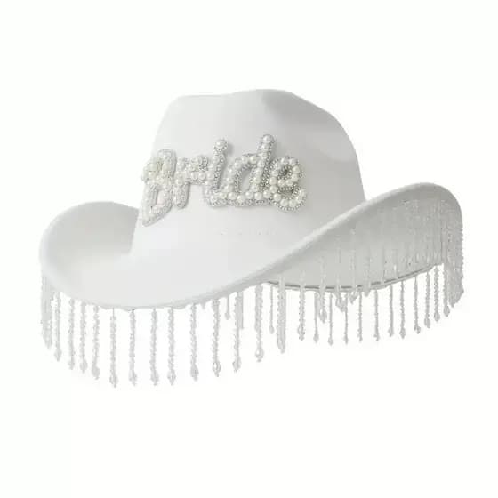 Chapéu de cowboy feminino com franjas de pérolas, sucesso de vendas internacional, chapéu de noiva BRIDE para festas de