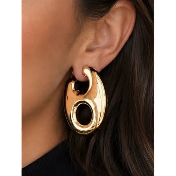 Brinco Feminino Moderno Dourado/Prata | Brinco Geométrico Vazado Estilo Fashion | Tendência - Argola lacre