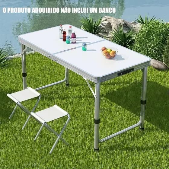 Kit Mesa Dobrável Portátil Vira Maleta Camping Churrasco 90X60cm com 2 Banquinhos Dobráveis Brancos