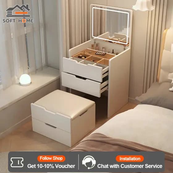 SOFTHOME Penteadeira Compacta Moderna com Espelho LED Tricolor + Banquinho com Gaveta