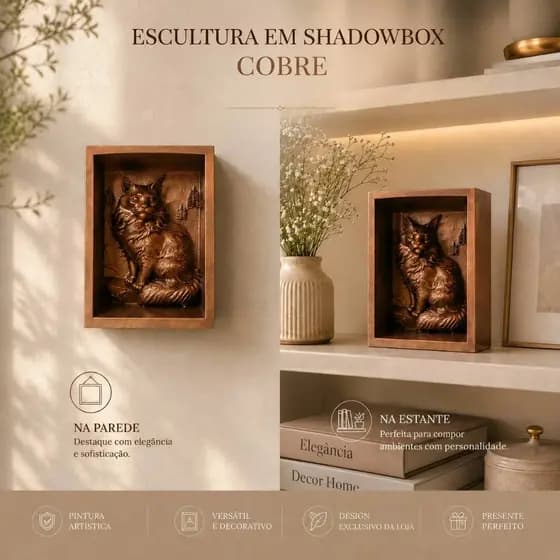 Escultura e Quadro Decorativo Gato Angorá feito em Resina, Decoração Moderna