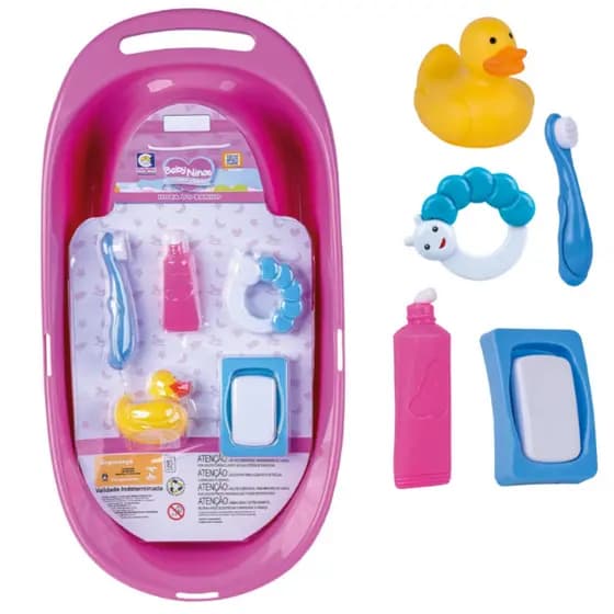 Banheira Hora do Banho Coleção Baby Ninos Cotiplás Rosa Boneca com Acessórios Sabonete Pasta Escova