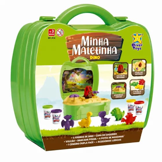 Playset Minha Maletinha Dino com 4 Massinhas Divertoys Kit Completo para Fazer Brincadeiras Atóxico