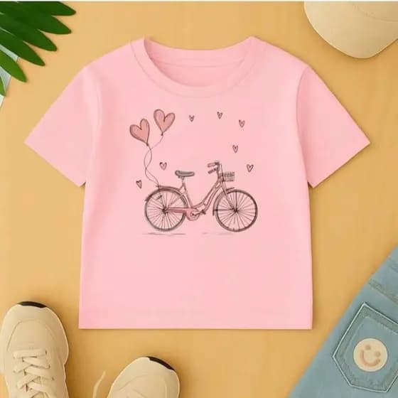 Camiseta Infantil Bicicleta Rosa 100% Algodão Manga Curta Feminina Casual