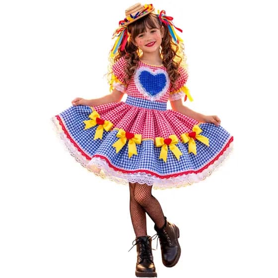 Vestidos Caipira Junino Infantil São João Quadriculado Vermelho e Azul 0050I envio já