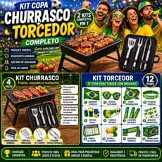 Kit Copa Churrasco Completo Churrasqueira Portátil + Kit Torcedor Brasil 12 Itens