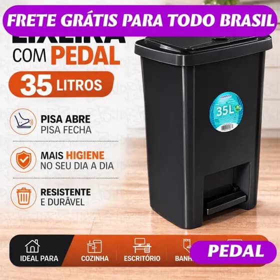 Lixeira Grande 35 Litros Com Pedal Tampa Reforçada Plástico Resistente Cozinha
