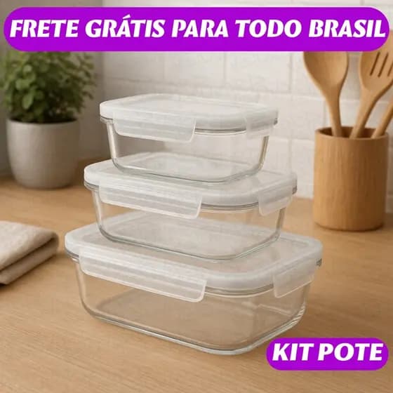 Jogo 3 Potes de Vidro Tampa Marmita Freezer e Micro-ondas Herméticos Porta Mantimentos Comida