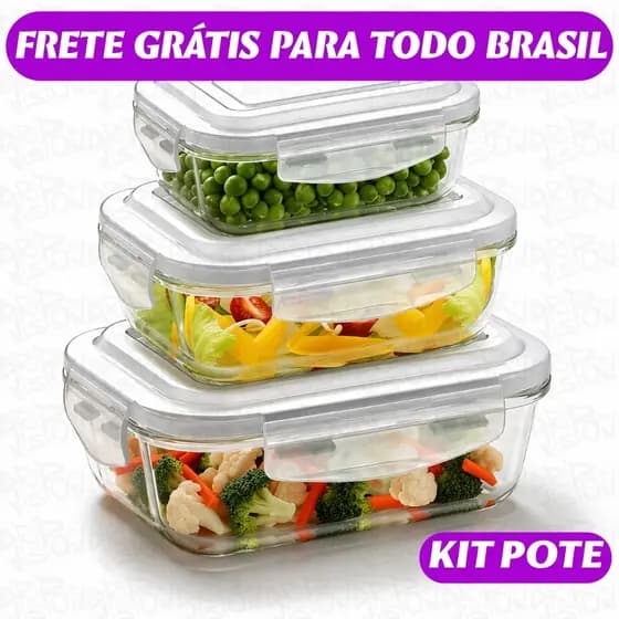Kit 3 Potes Vidro Marmita Hermética Tampa Trava BPA Free Pode Ir ao Microondas