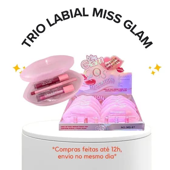 TRIO LABIAL MISS GLAM LAPIS DE CONTORNO LABIAL BATOM CINTILANTE GLOSS LABIAL LABIOS HIDRATADOS
