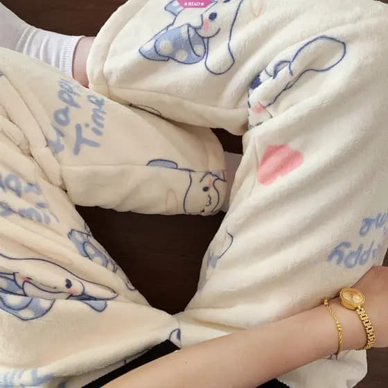 Pijama Feminino de Flanela Quente com Estampa de Desenho Animado Kawaii Cinnamoroll Hello Kitty Y2k, Calças de Pijama de