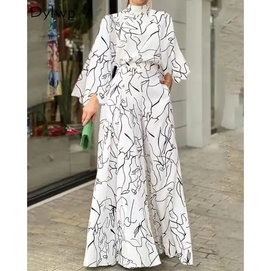 Macacão Longo Feminino com Estampa Elegante, Mangas Longas e Costas Largas UG88