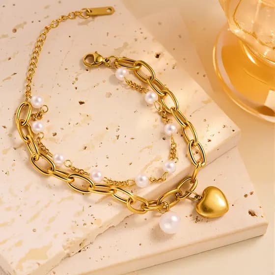 Moda luz luxo novo estilo pérola amor titânio aço dupla camada pulseira feminina