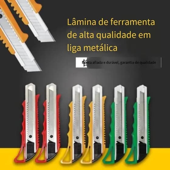 Estilete automático com trava, lâmina de liga metálica, tampa quebrável, multiuso para corte.