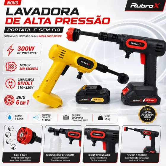 RubroX 6 Em 1 Lavadora Portátil 300W 48VF Motor Sem Escova Bivolt Para lavar carros e cuidar jardim