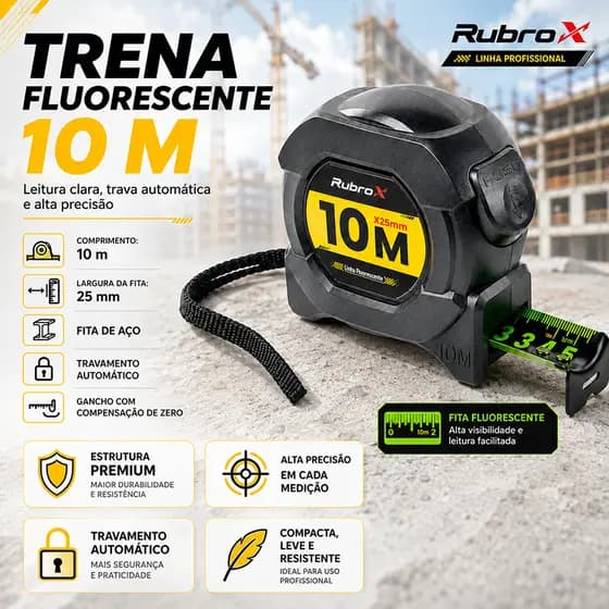 RubroX 5/10M Fita Métrica Aço Inoxidável carbono De Alta Precisão trena Profissional Fluorescente