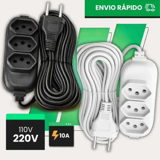 Extensão Elétrica Tripolar Bivolt 2m a 10m 10A Preta Resistente