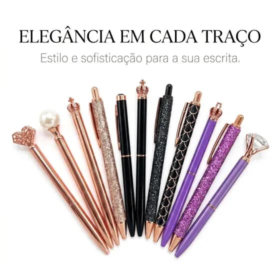 Kit 3/5/8 Canetas Esferográficas Glitter Ouro Rosa Design Cristal H12