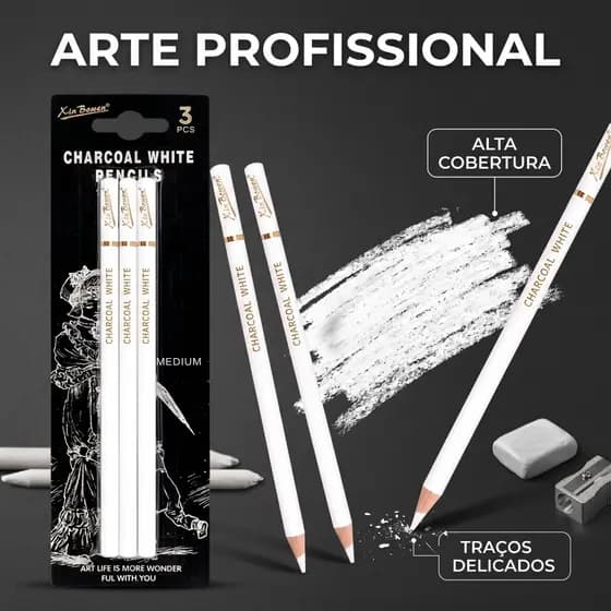 Kit 3 Lápis Carvão Branco Profissional Sketch Highlight Desenho Esboço Sombreamento 004
