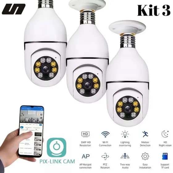 Kit 3 Câmera Lâmpada WiFi 360° Visão Noturna Monitoramento 24h 8177