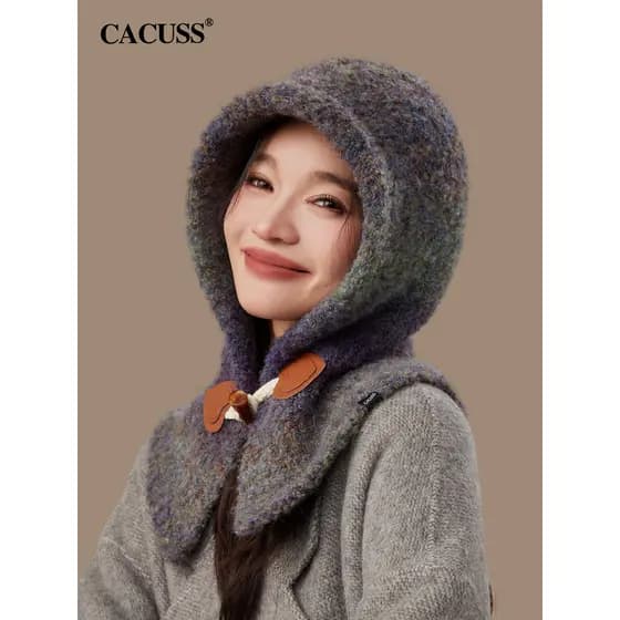 CACUSS CACUSS CACUSS Chapéu feminino de malha quente de inverno com proteção contra frio e pescoço, babador com um lenço