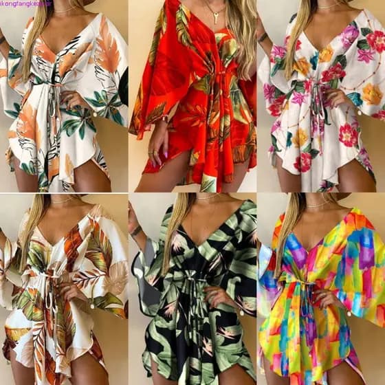 Mini Vestido Curto Feminino Mangas Em V boho Estampa floral Larga Cintura De Atadura Para Férias De Praia De Verão