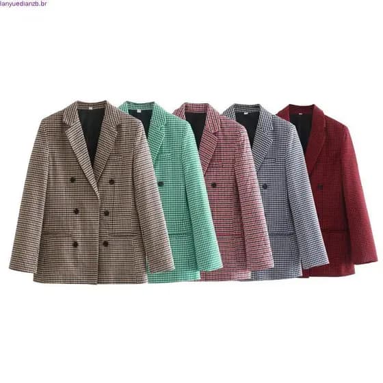Blazer Feminino Vintage H4QG HW com Decote Entalhado, Duplo Abotoamento e Manga Longa em Estampa Xadrez