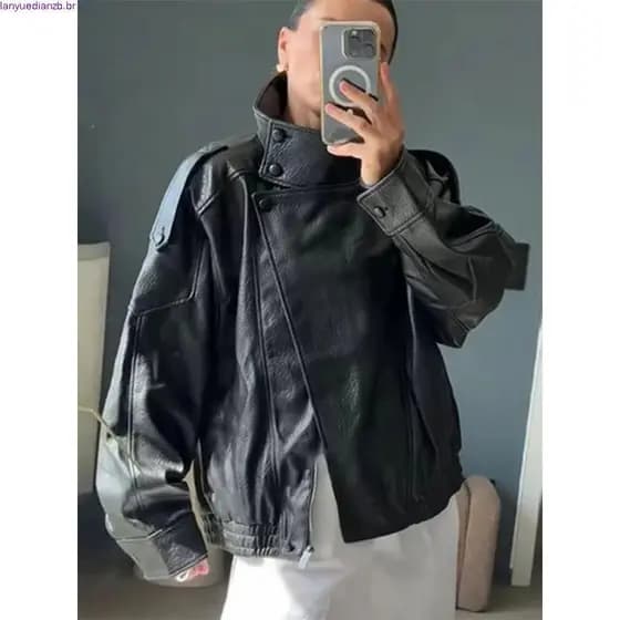 Jaqueta de Couro Sintético HH para Mulheres, Casual, Manga Longa, com Zíper, Nova Moda Streetwear