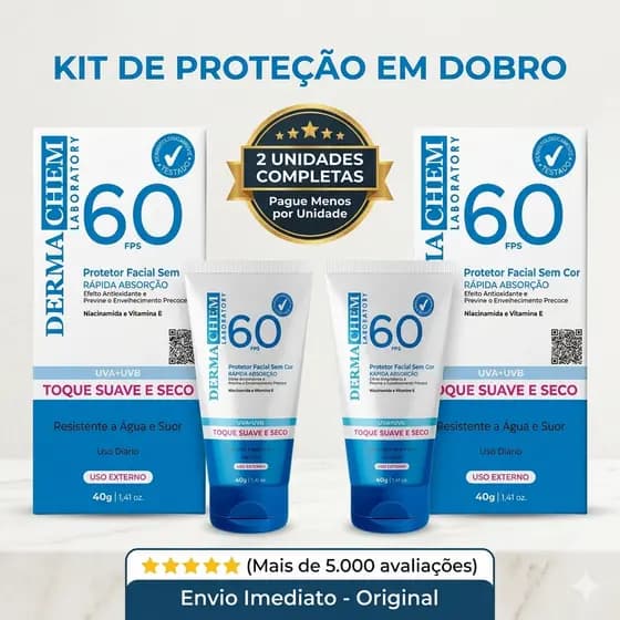 Kit 2 Protetor Solar Rosto FPS 60 sem cor 40g Vitamina E Dermachem