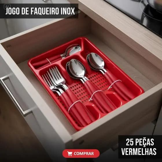 Jogo De Faqueiro 25 Peças Inox Com Porta Talheres De Gaveta Organizador Jogo De Garfo Faca Colher