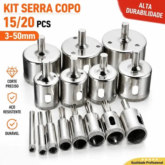 Jogo 15/20 Brocas Diamantadas Serra Copo furar Vidro Granito Ceramica 6 a 50 mm kit ferramentas