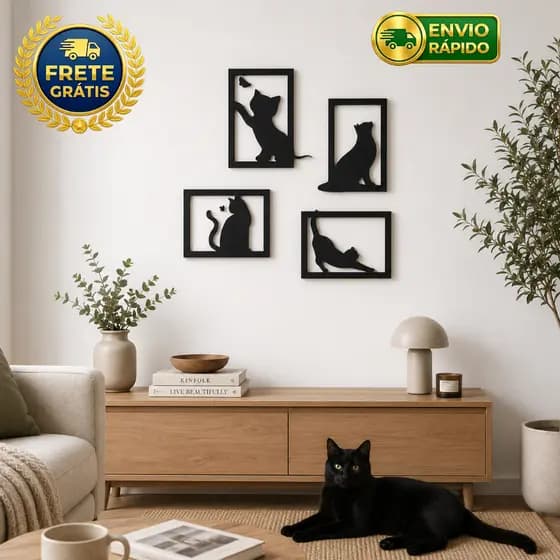 Kit 4 Quadros Decorativos Vazados – Gatos Divertidos
