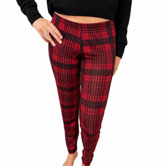 1 Calça Pijama Feminina Xadrez Preta e Vermelha Fininha em Poliéster Leve Fresquinha e Confortável Para Dormir